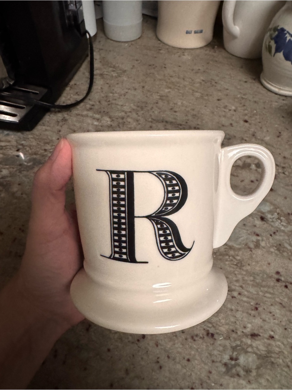 Anthropologie Cream Ceramic Mug with Black Monogram R